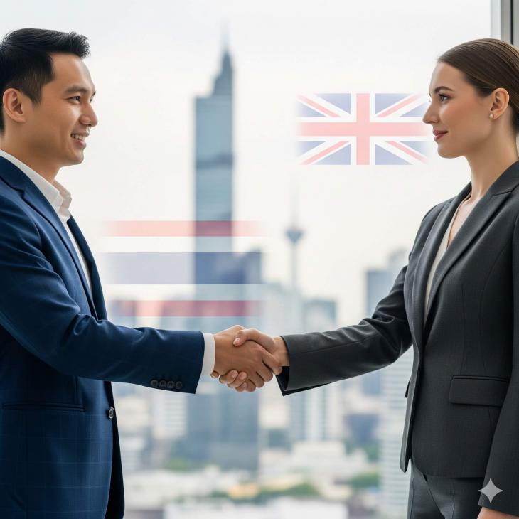 a symbolic handshake between two diverse business professionals one from Thailand another from UK