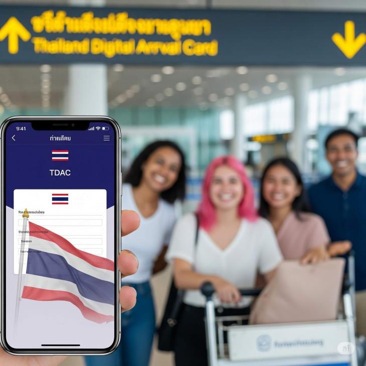 a smartphone screen displaying a clean and user-friendly TDAC online form. In the background, subtly blurred, should be a diverse group of happy travelers at a modern Thai airport