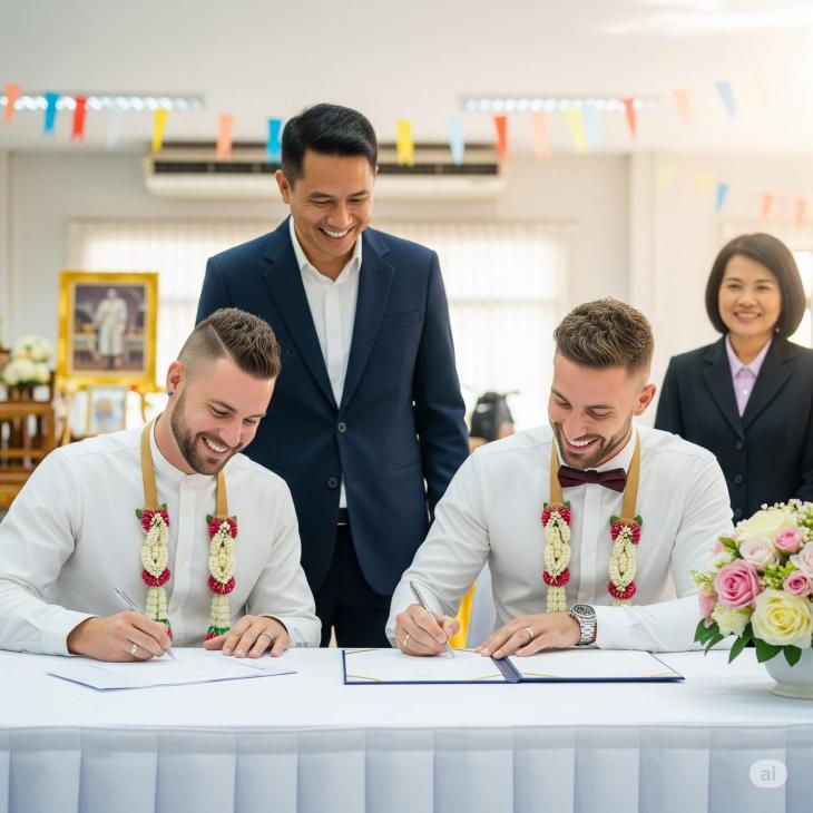 A joyful, gay couple signing a marriage certificate at a Thai district office (Amphur)