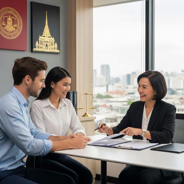A professional and welcoming photograph of a smiling, diverse couple sitting across a desk from a lawyer at PS Law & Business in Bangkok.
