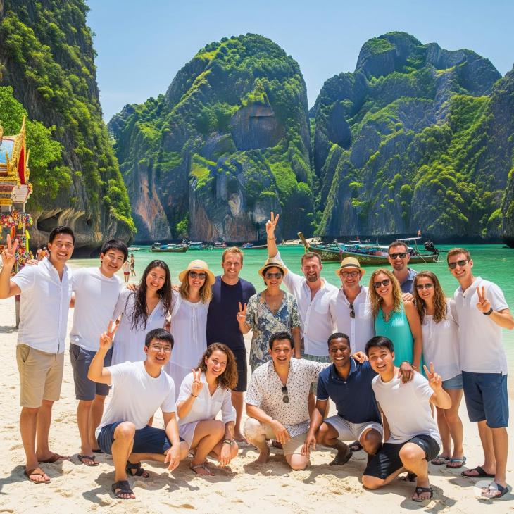 A group of happy tourists in a famous Thai beach