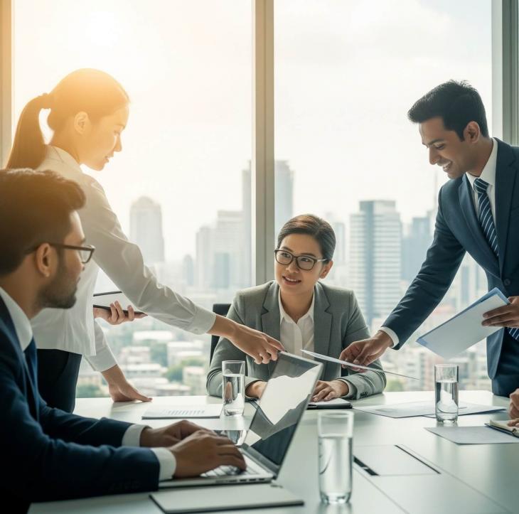 A professional and modern image of a diverse group of business people in a meeting room with a view of the Bangkok skyline.