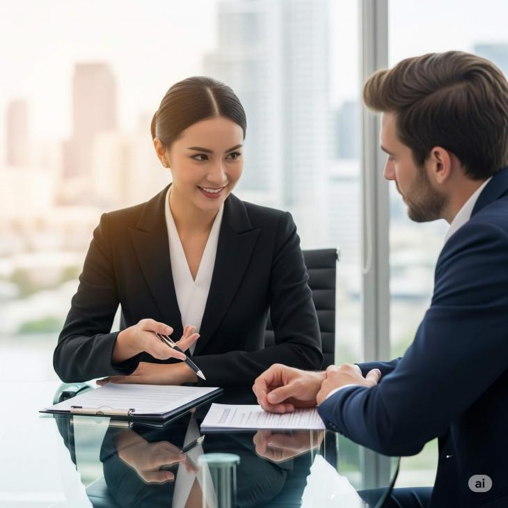 A lawyer from PS Law & Business is sitting at a table with an expatriate client, pointing to a clause in an employment contract