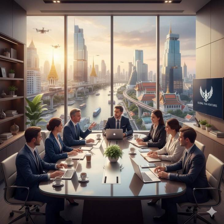 A sleek, modern business office in a high-rise building in Bangkok, with a diverse group of professionals (Thai and foreign) collaborating around a conference table.