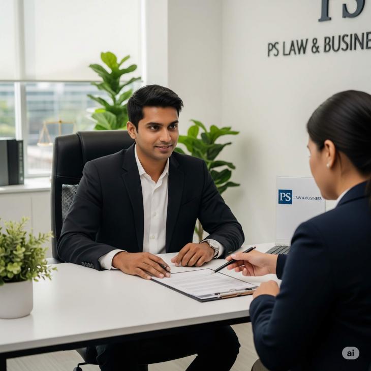 A calm and attentive lawyer from PS Law & Business, dressed in smart business attire, is sitting across a desk from an expatriate employee.