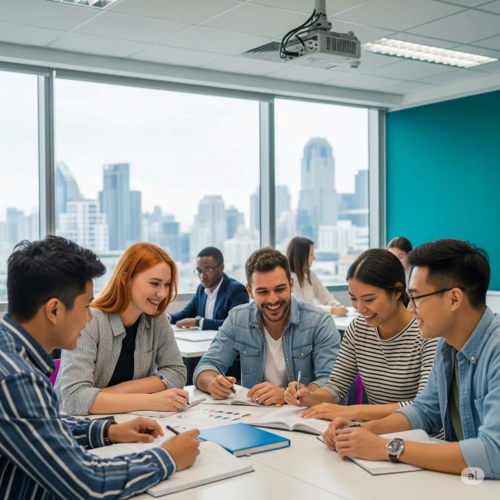  A diverse group of international students smiling and studying together in a modern classroom in Bangkok.