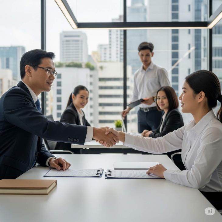 A professional and serious image of a diverse group of business people in a modern office setting in Bangkok.