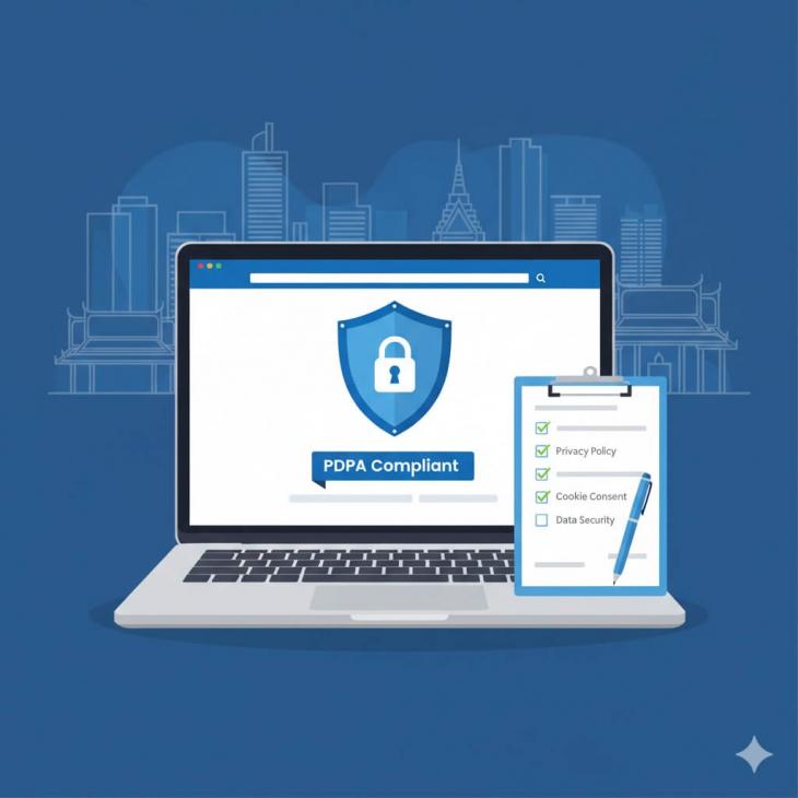 A sleek laptop screen displaying a website with a security shield icon. Next to the laptop, a clipboard with a checklist is visible. 