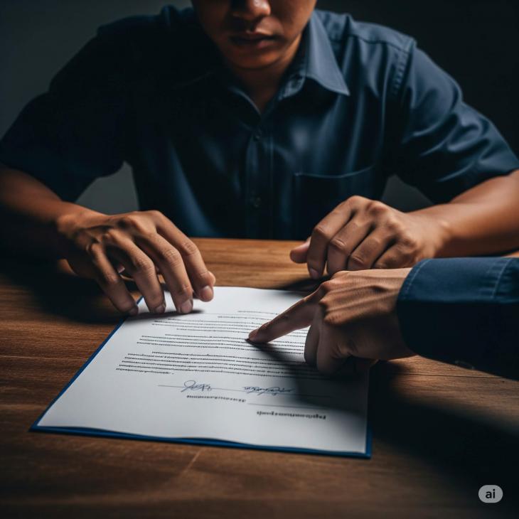 In a dimly lit room, a person's hand hovers indecisively over a legal document in Thai script as an officer's hand points forcefully to the signature line, highlighting a moment of intense stress