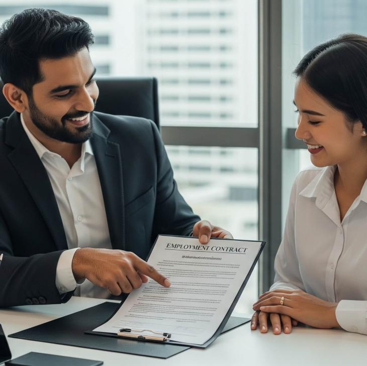 A foreign business owner and a Thai employee sitting at a modern office desk in Bangkok