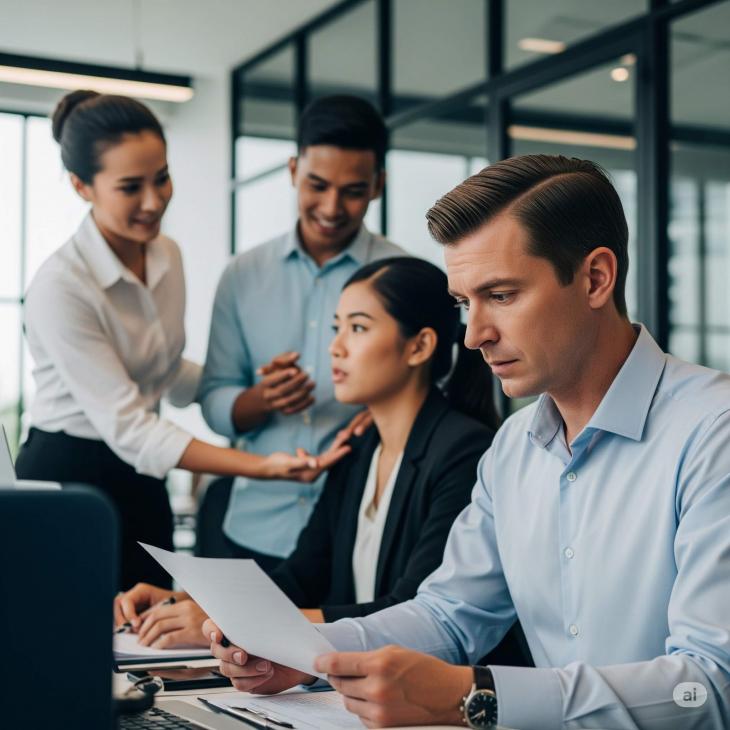 A concerned individual in a modern Bangkok office while hinting at a supportive workplace culture.
