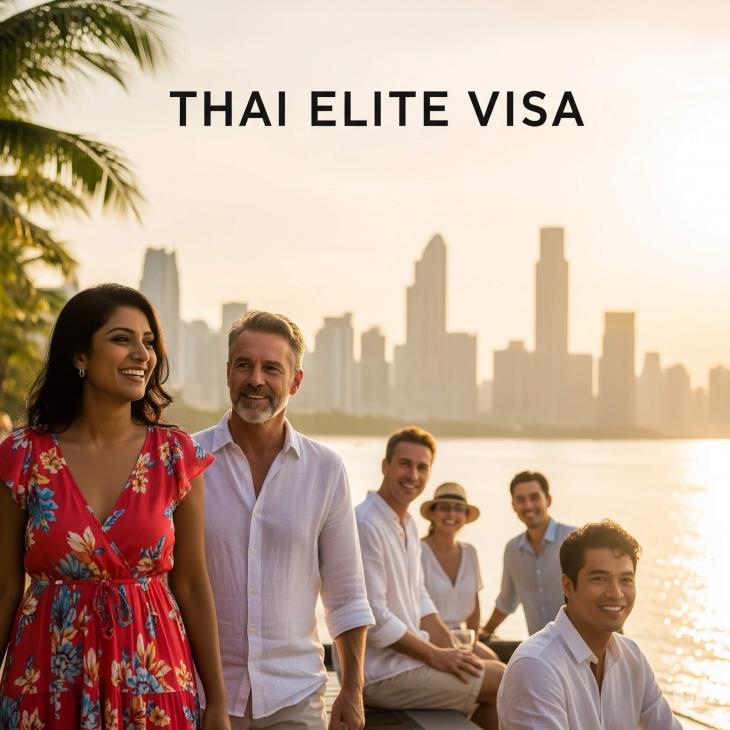 a beautiful beach or a modern city skyline, with a diverse group of happy individuals in the foreground