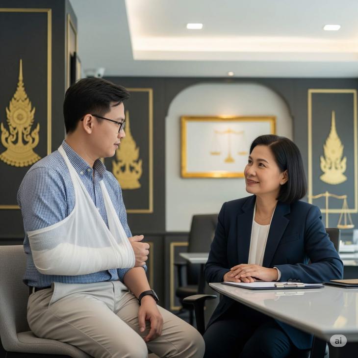A person with a bandaged arm speaking to a lawyer in a modern office setting in Bangkok